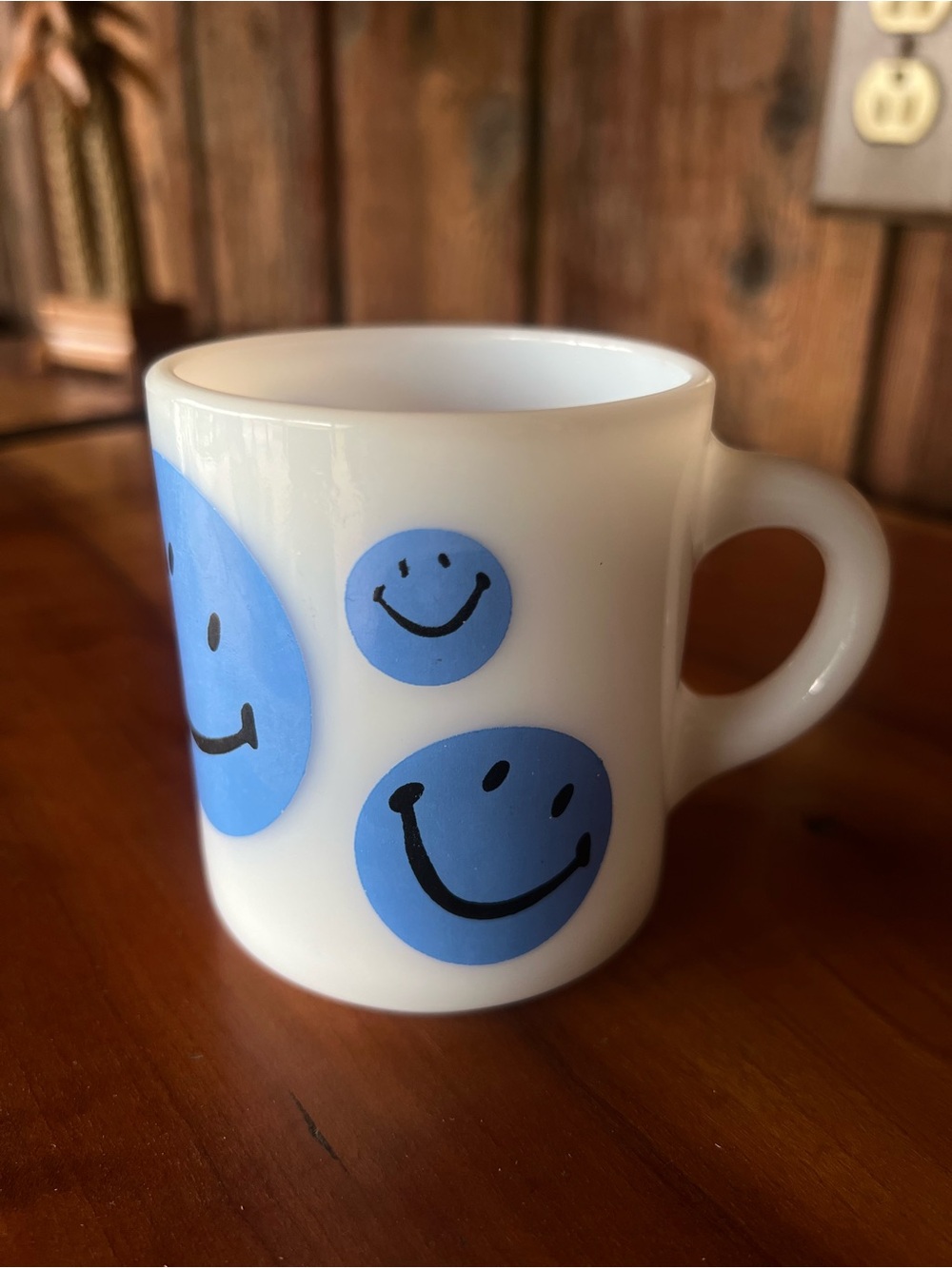 Vintage 70s Blue Smiley Face Milk Glass Coffee Mug Retro Happy Face